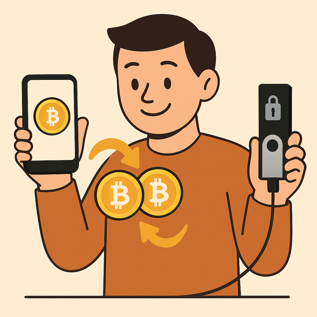 A person happily checking their crypto wallet on a phone, transferring coins to a personal hardware wallet, secure and satisfied mood