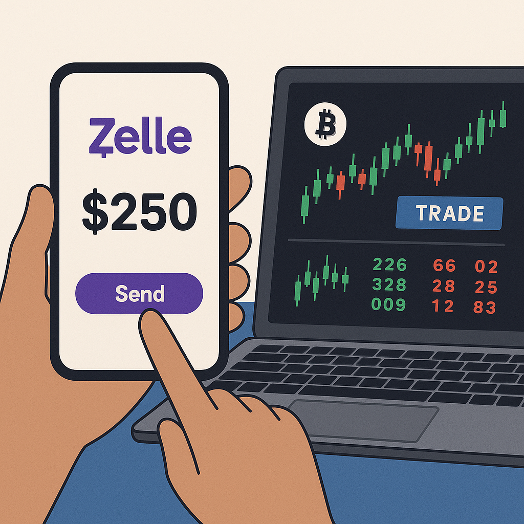 A smartphone displaying a Zelle payment being sent, with a crypto exchange trade window open on a laptop beside it, action-focused