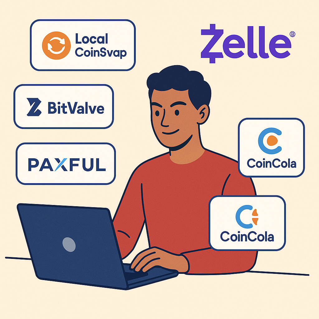 A confident person browsing a laptop, comparing logos of LocalCoinSwap, BitValve, Paxful, and CoinCola, with a Zelle logo in the background, modern style