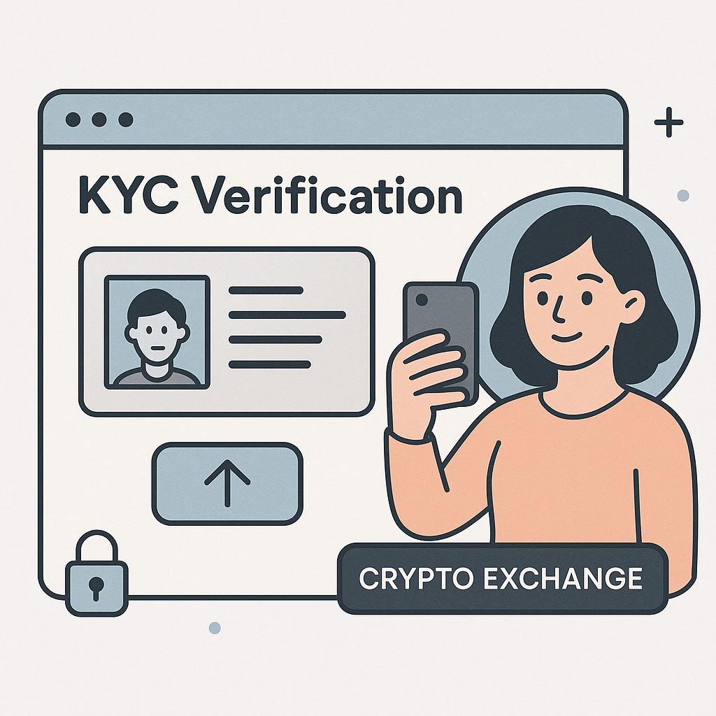 A user uploading an ID document and taking a selfie for KYC verification on a crypto exchange website, secure and friendly vibe