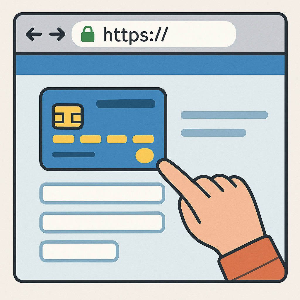 A hand entering credit card details on a secure website, with a lock symbol and HTTPS visible in the browser bar.
