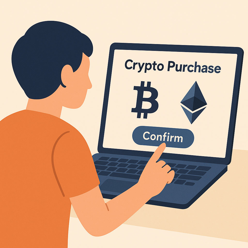 A person confirming a crypto purchase on their computer, with Bitcoin and Ethereum symbols on the screen.