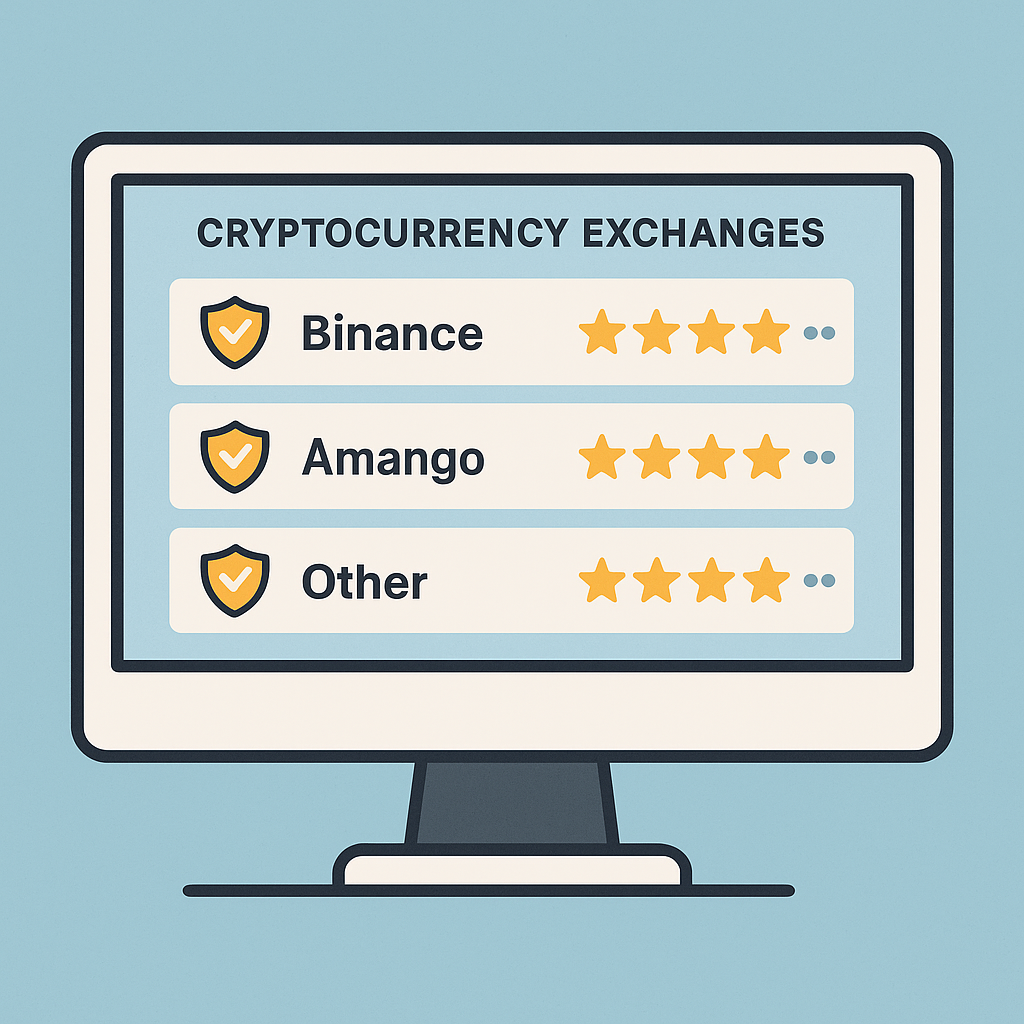 A computer screen displaying a list of reputable cryptocurrency exchanges, with security icons and positive reviews visible.