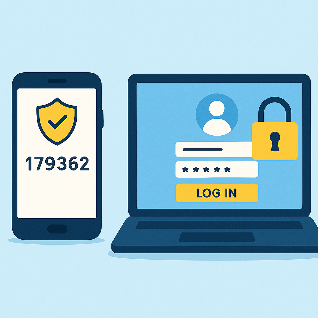 A smartphone displaying a 2FA code next to a laptop with a login screen, both showing security symbols.