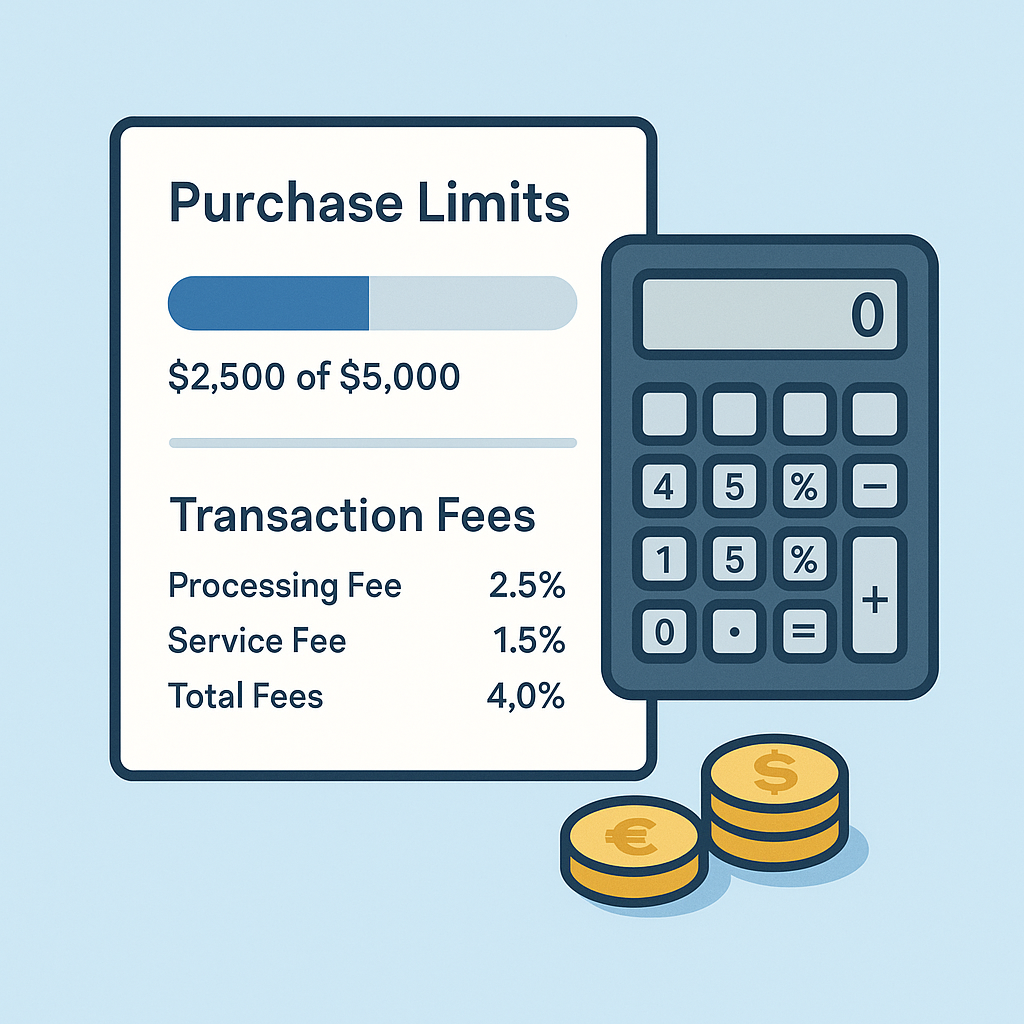 A digital dashboard showing purchase limits and a breakdown of transaction fees, with a calculator and coins.