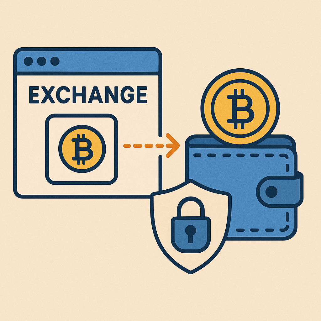 A digital wallet receiving cryptocurrency from an exchange platform, with a shield and lock symbolizing security.