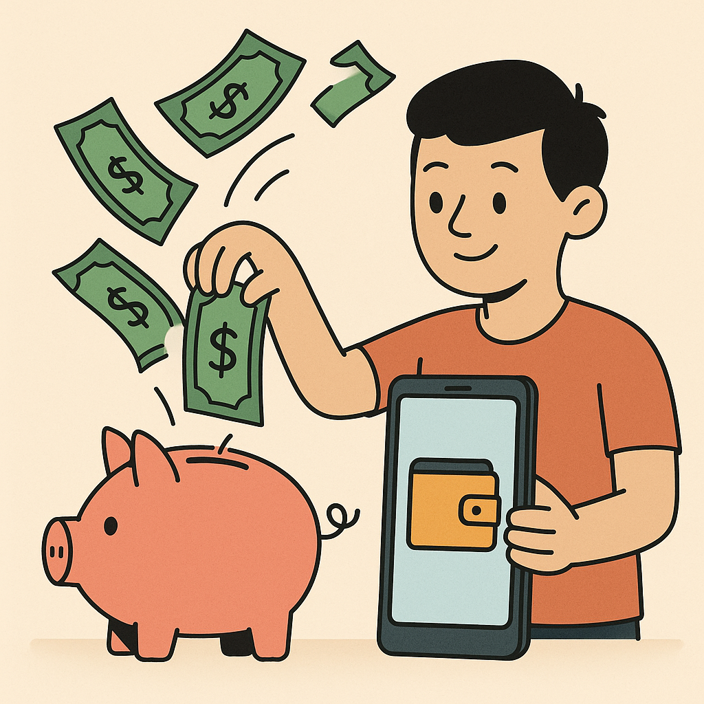 cartoon of a person transferring money from a piggy bank to a digital wallet, with dollar bills flying