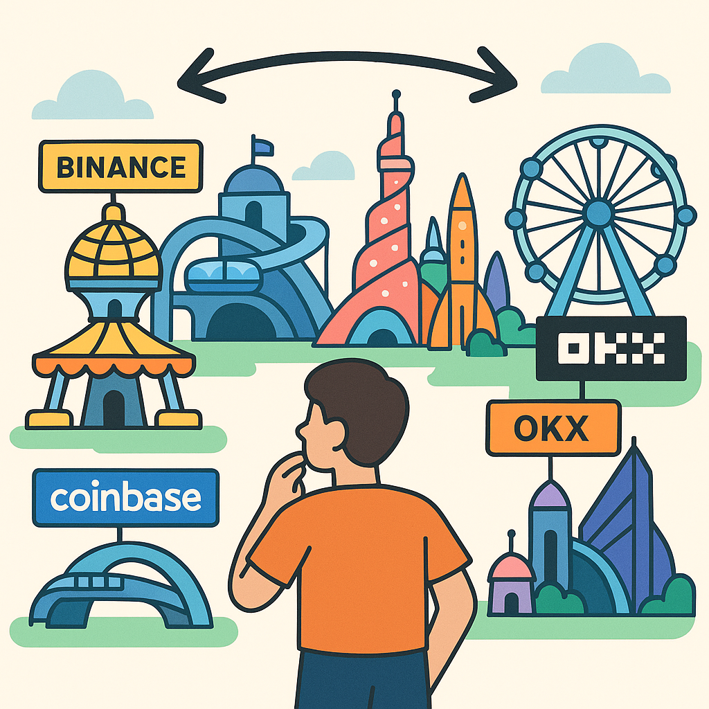 cartoon of a person choosing between colorful, futuristic theme parks labeled with crypto exchange names