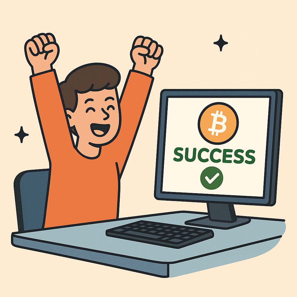 cartoon of a person celebrating in front of a computer screen showing a successful crypto purchase