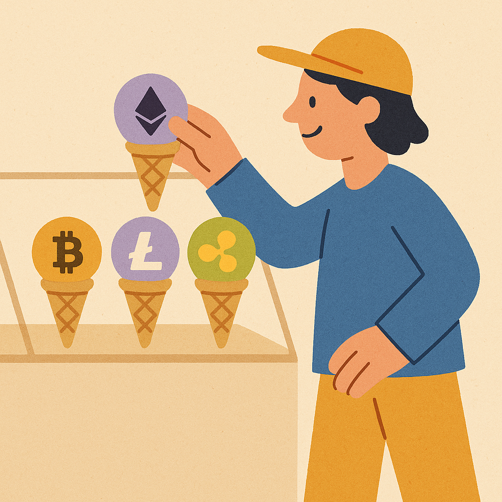 whimsical illustration of a person picking ice cream cones labeled with different cryptocurrencies