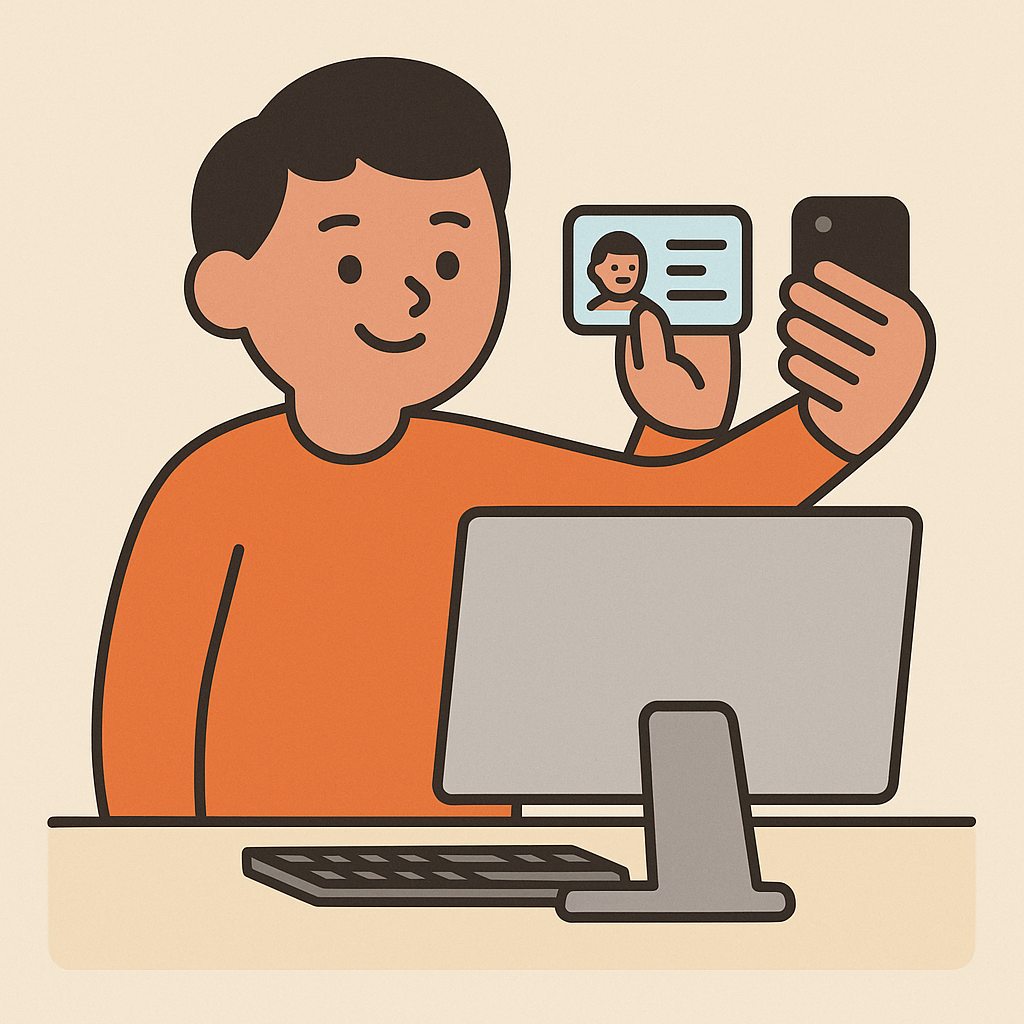funny illustration of a person taking a selfie with their ID in front of a computer