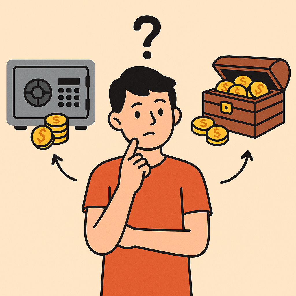 fun illustration of a person deciding between a digital safe and a treasure chest for storing coins