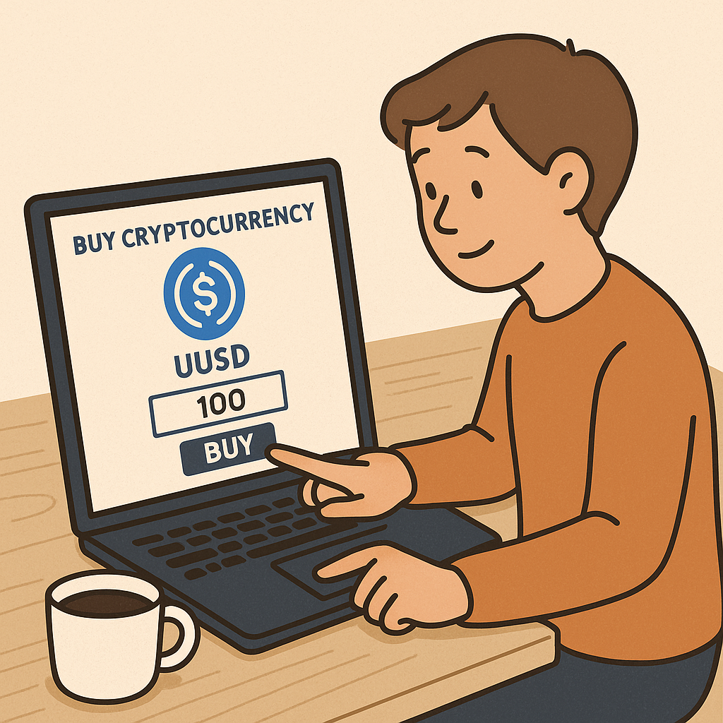 Beginner confidently buying UUSD cryptocurrency on laptop with coffee cup nearby