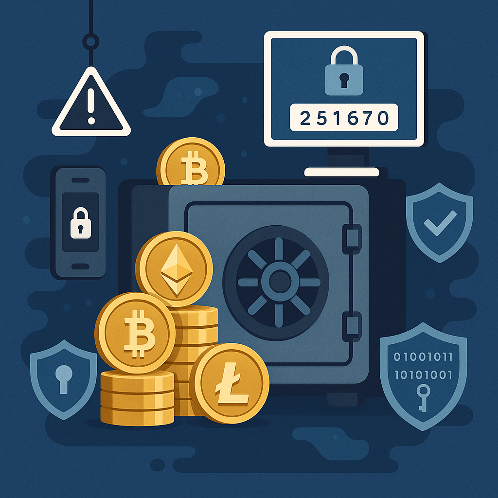 Digital vault with coins, security icons, and essential crypto security tips for new buyers