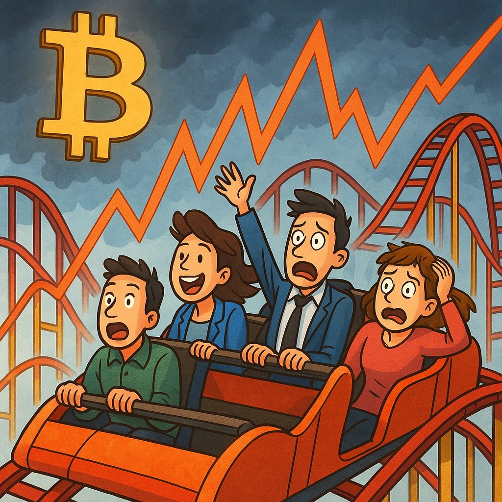Dramatic rollercoaster chart depicting crypto volatility with cartoon investors hanging on