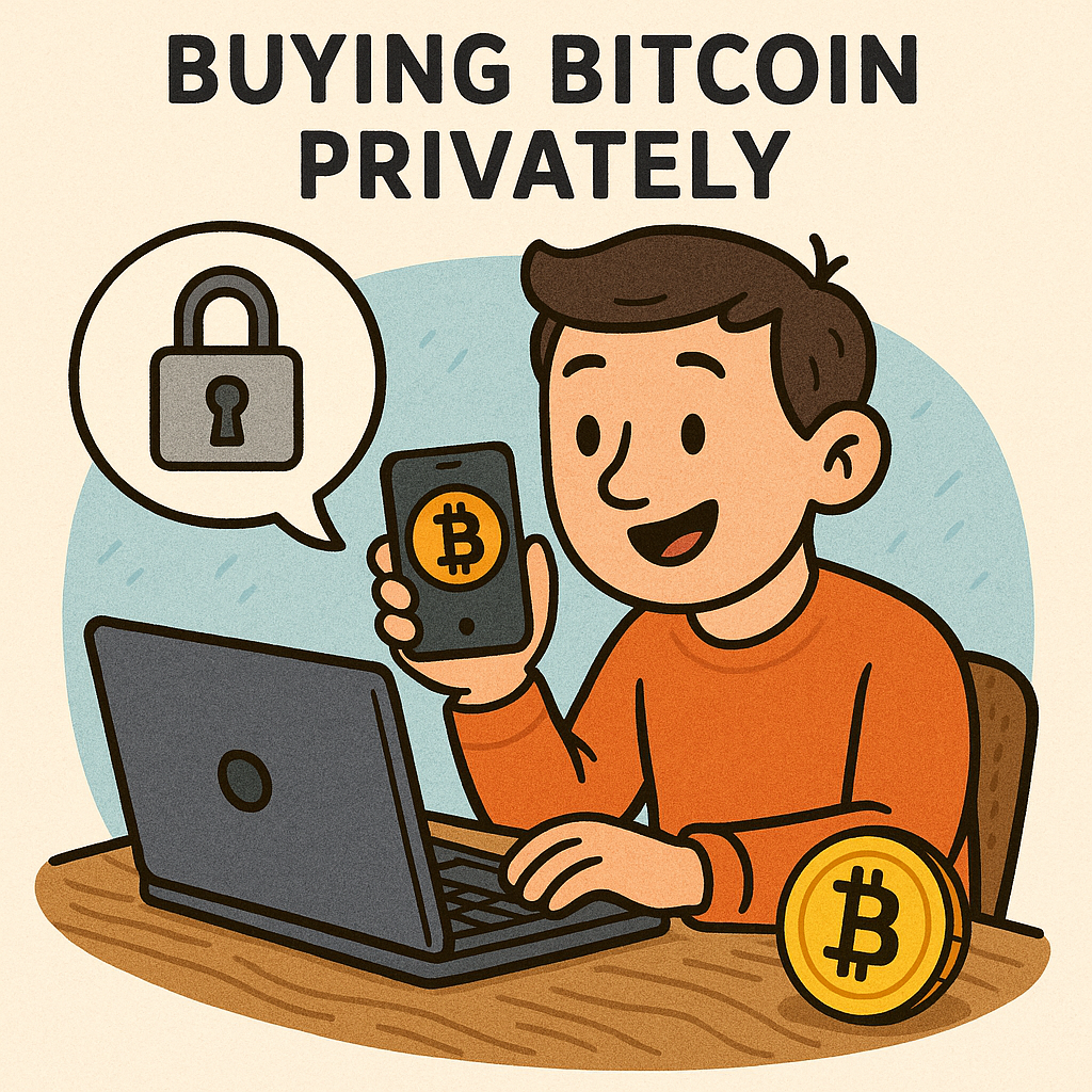 Friendly illustration of a person buying Bitcoin privately using a laptop and smartphone