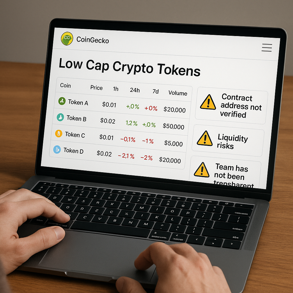 Person analyzing low cap crypto tokens on CoinGecko with warning signs about contract address verification, liquidity risks, and team transparency
