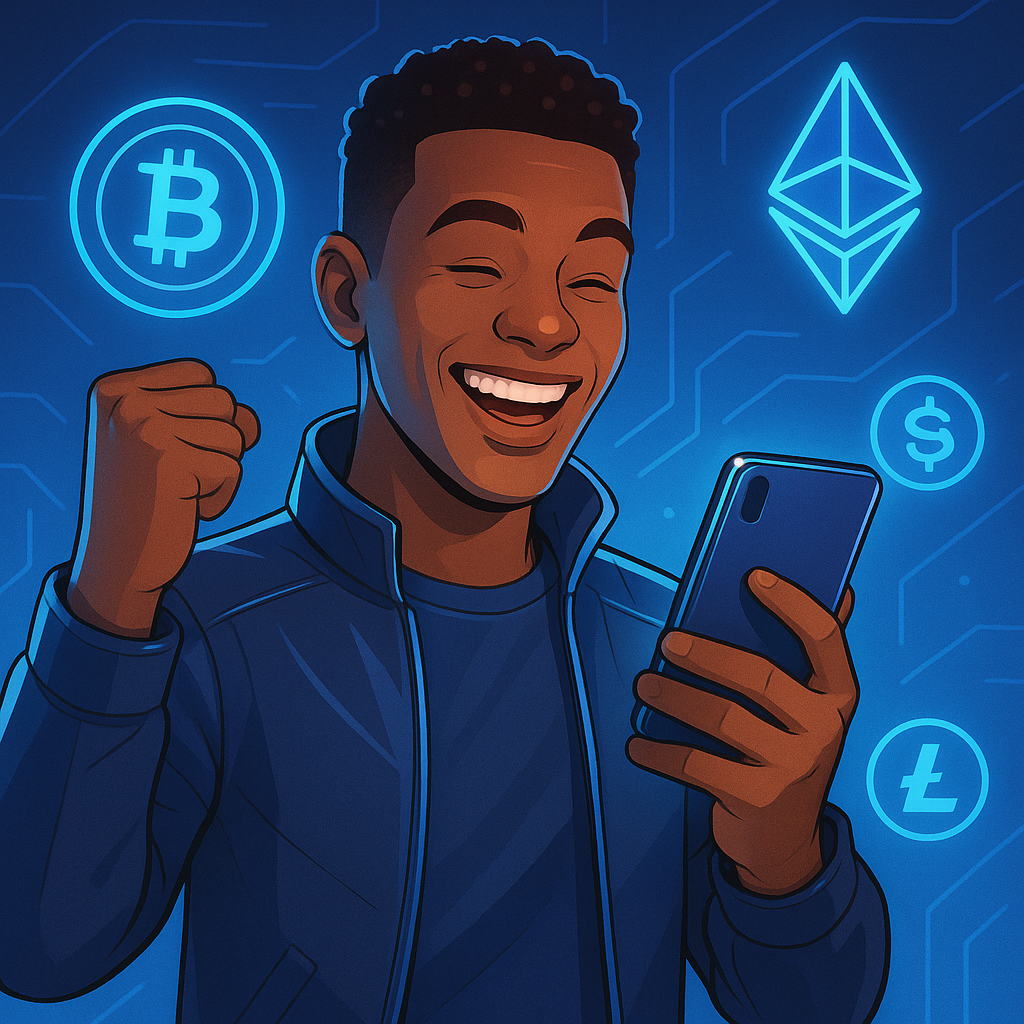 Person celebrating first cryptocurrency purchase on a futuristic smartphone in 2025