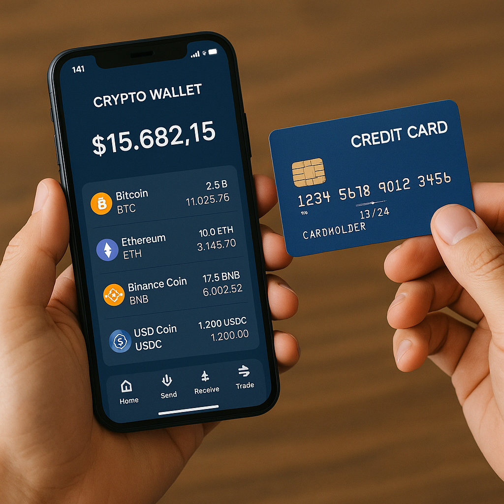 Person holding a credit card next to a smartphone displaying a crypto wallet app
