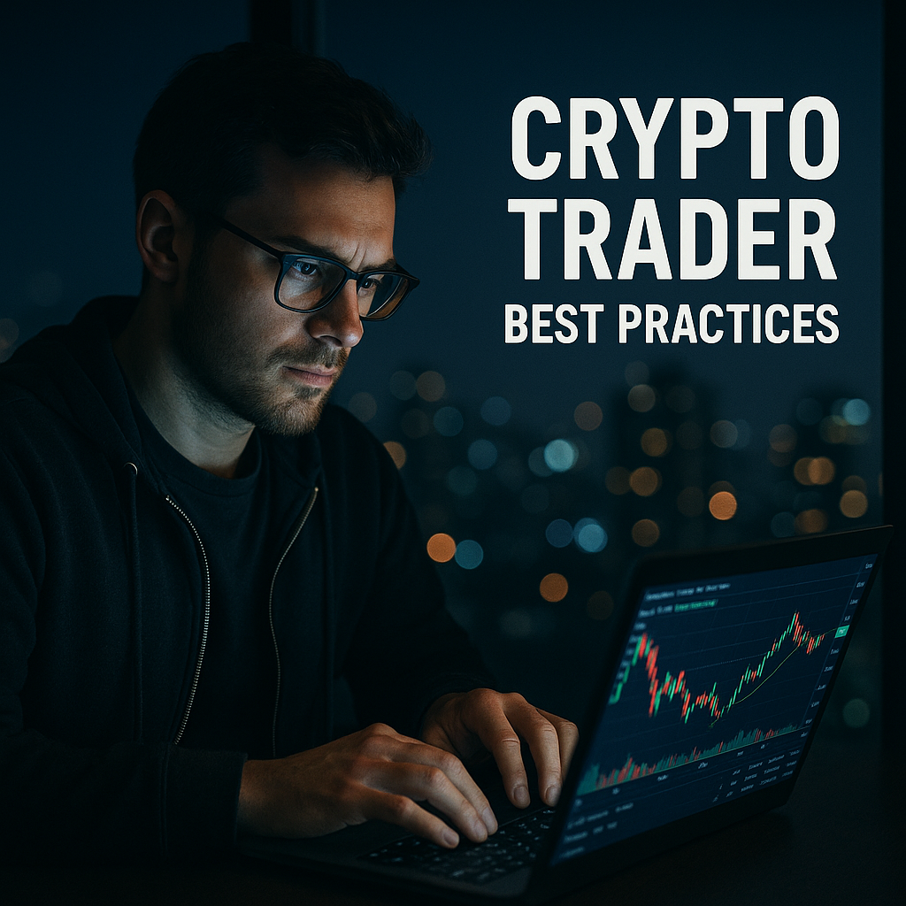 Person trading cryptocurrency on a laptop at night with city lights in the background, representing best practices for secure and strategic crypto buying during low-volume periods