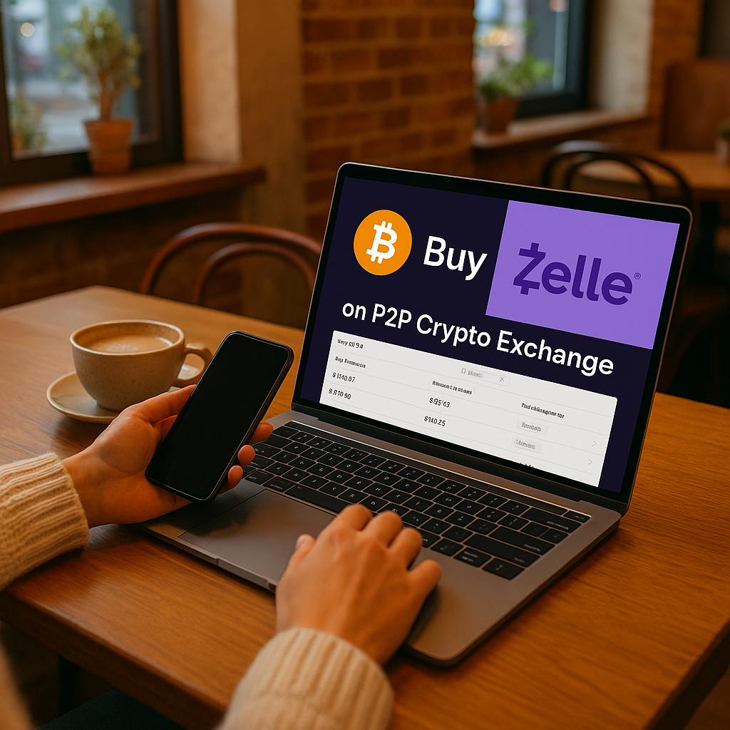 US investor buying Bitcoin with Zelle on laptop and smartphone at a cozy café, following step-by-step guide for P2P exchanges like Paxful and LocalCoinSwap