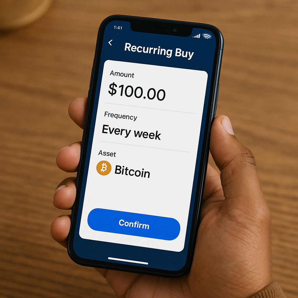Person using a smartphone to set up automated crypto purchases on a popular exchange app