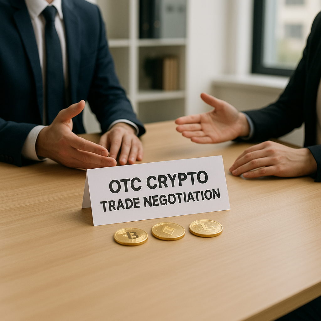 Two professionals negotiating a large OTC crypto trade in a modern office, digital assets displayed on a tablet, highlighting pros, cons, and safe practices