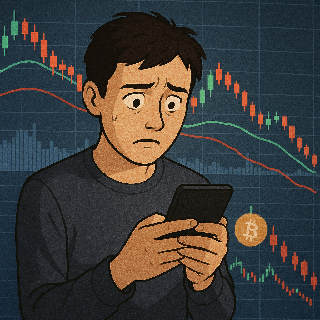 Worried person looking at phone with cryptocurrency price charts in the background