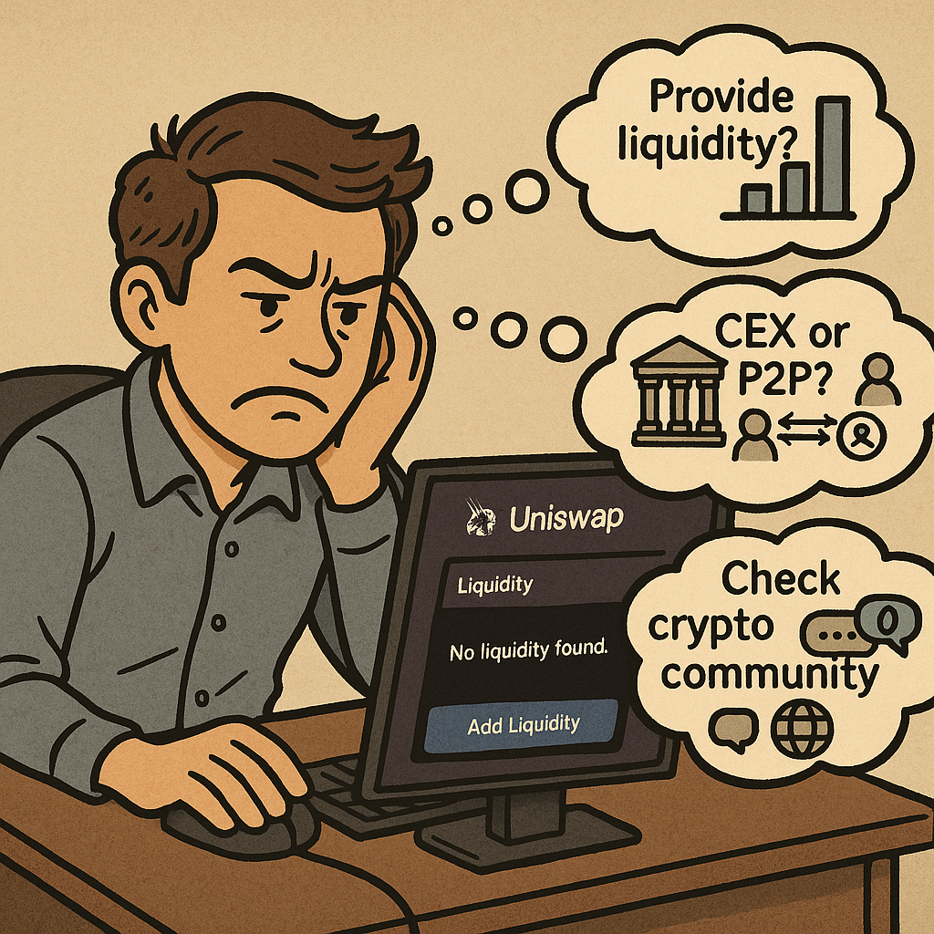 Frustrated crypto trader looking at an empty Uniswap liquidity pool interface, considering solutions like creating a pool, using CEXs or P2P platforms, and monitoring community channels for liquidity events.