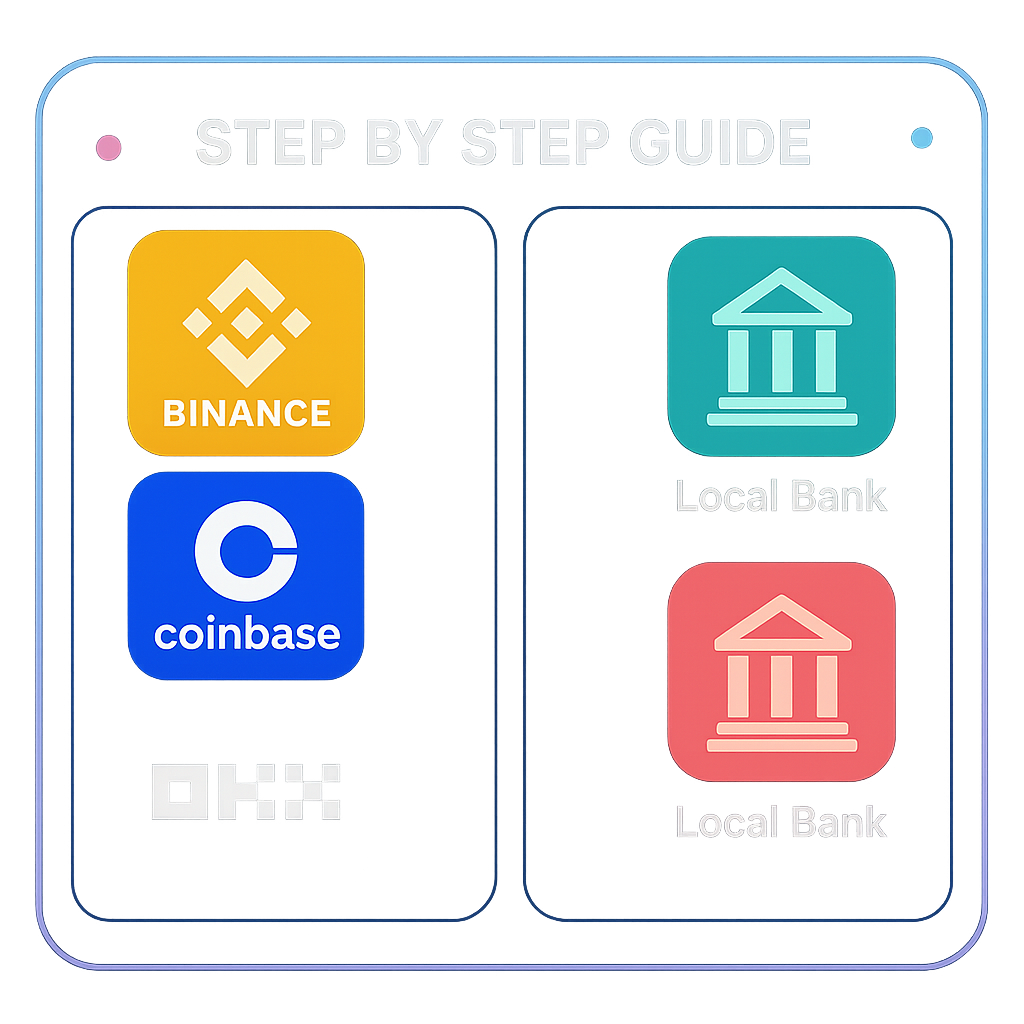 A modern digital interface showing logos of major crypto exchanges and local bank icons, vibrant colors, futuristic style