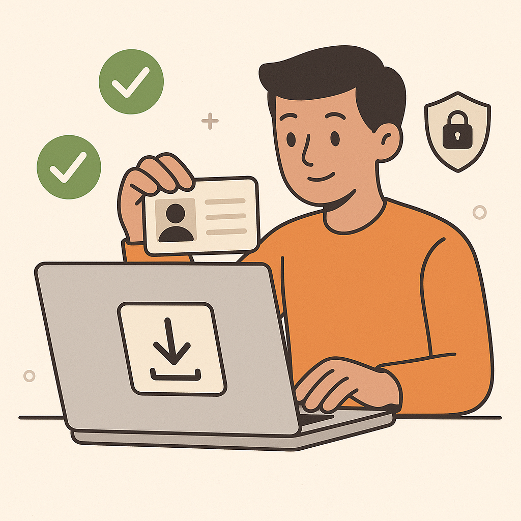 A person uploading their ID on a laptop, with verification checkmarks and security icons, clean and friendly design