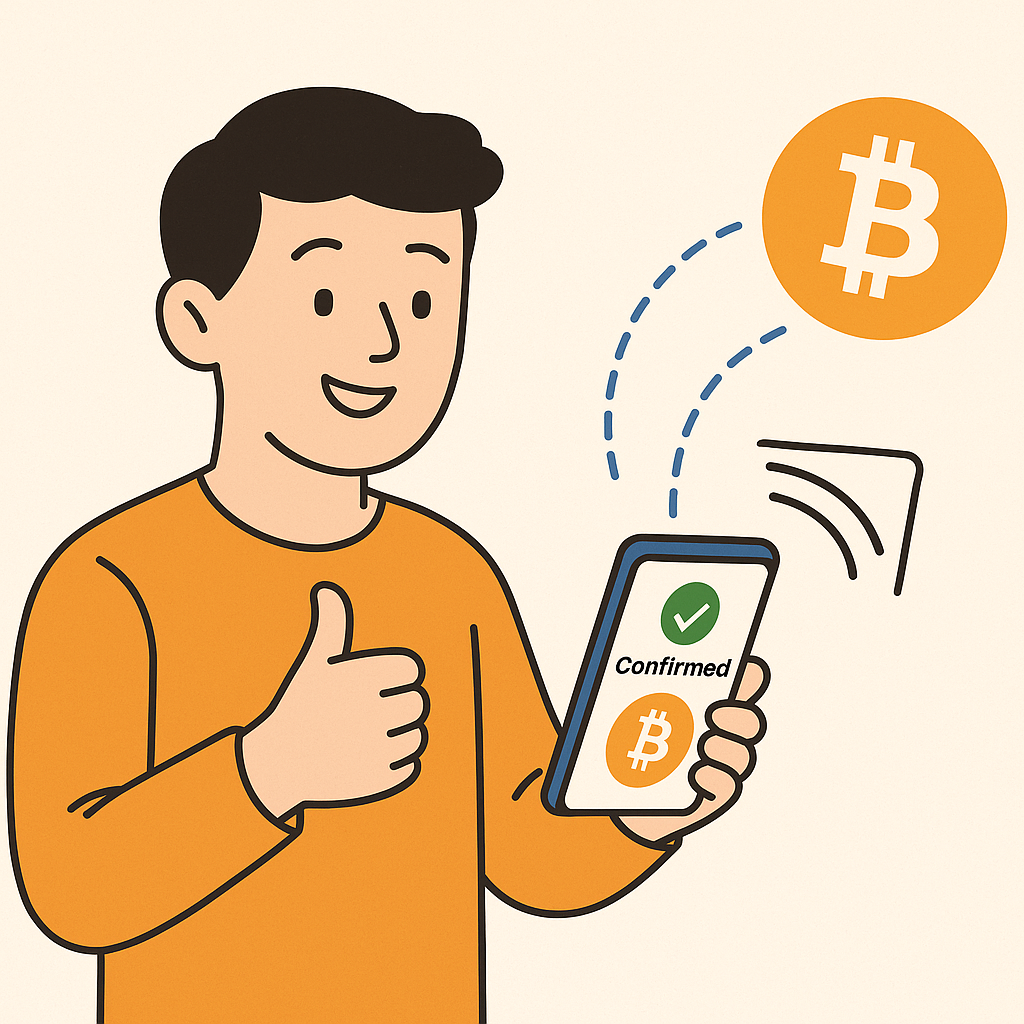 A person confirming a crypto purchase on their phone, with instant transfer animation and happy expression