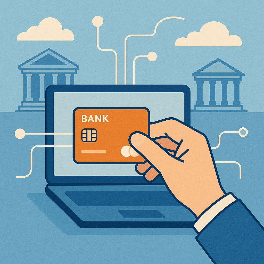 A hand connecting a bank card to a digital platform, with bank buildings and digital connections, optimistic atmosphere