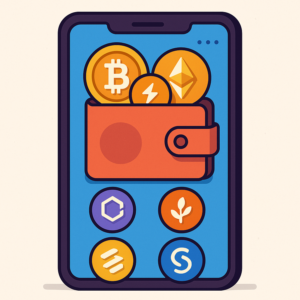 A digital wallet displaying various cryptocurrencies like Bitcoin and Ethereum, vibrant and dynamic, user-friendly interface