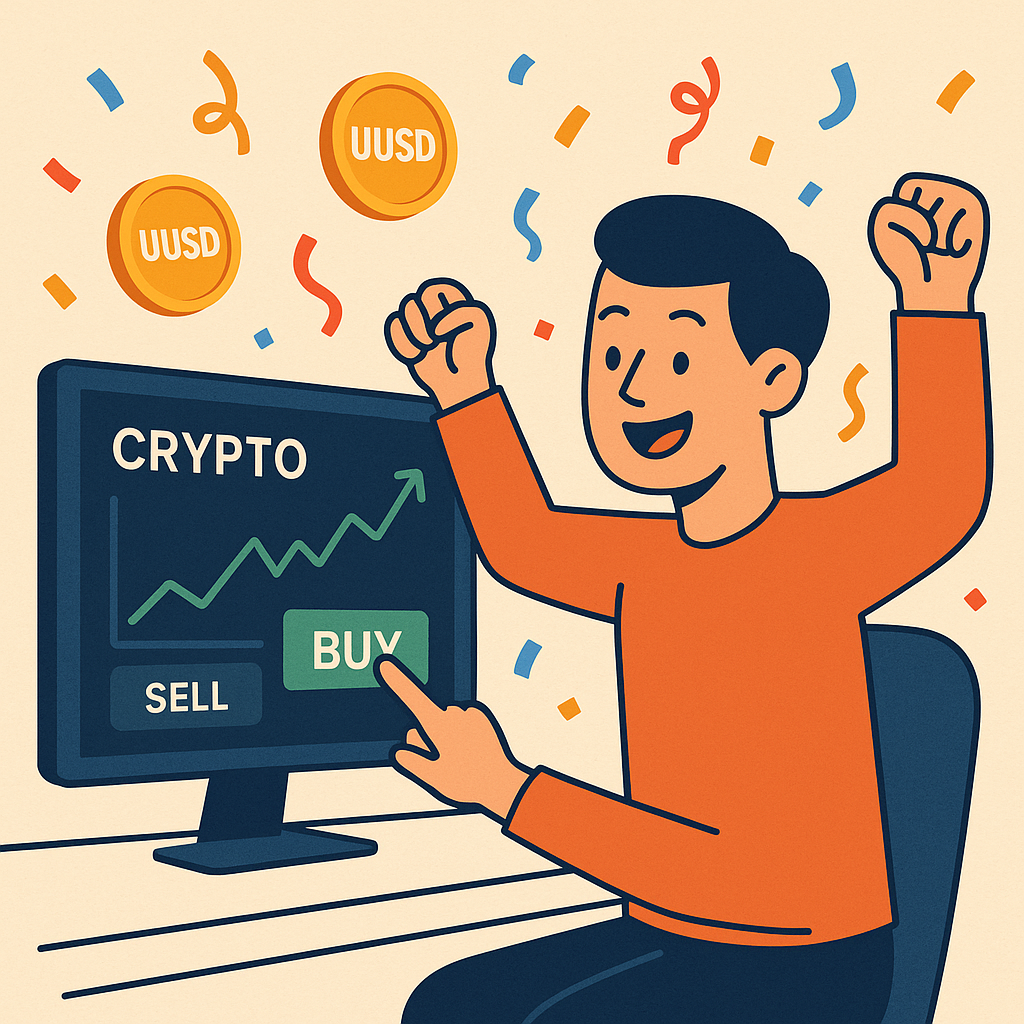 A person happily clicking 'Buy' on a crypto trading screen, with UUSD tokens and celebratory confetti.