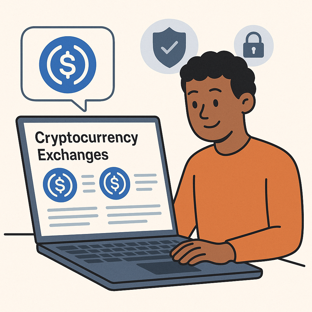 A friendly person browsing a computer, comparing cryptocurrency exchanges, with security icons and UUSD logos visible.