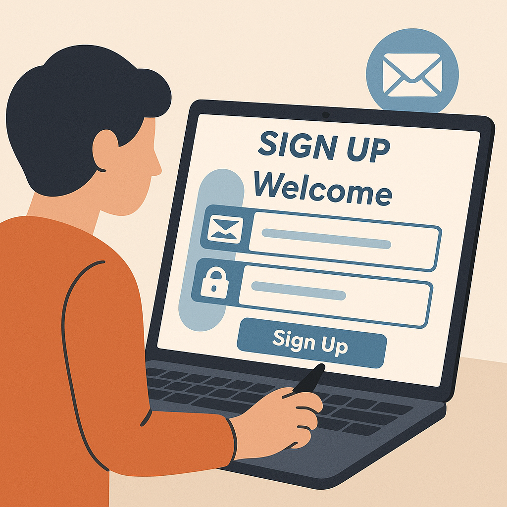 A person filling out a sign-up form on a laptop, with a lock and email icons, and a welcoming interface.