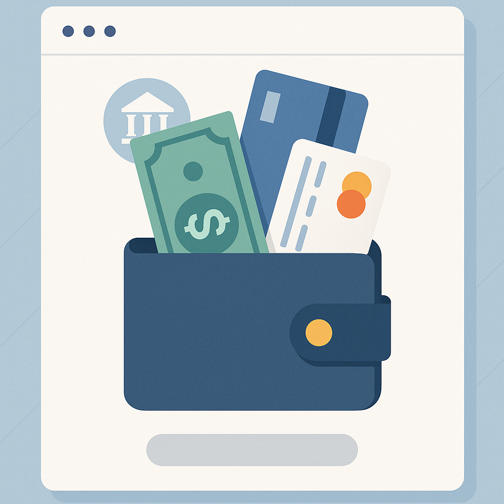 A digital wallet being filled with cash, credit cards, and bank icons, on a modern interface.