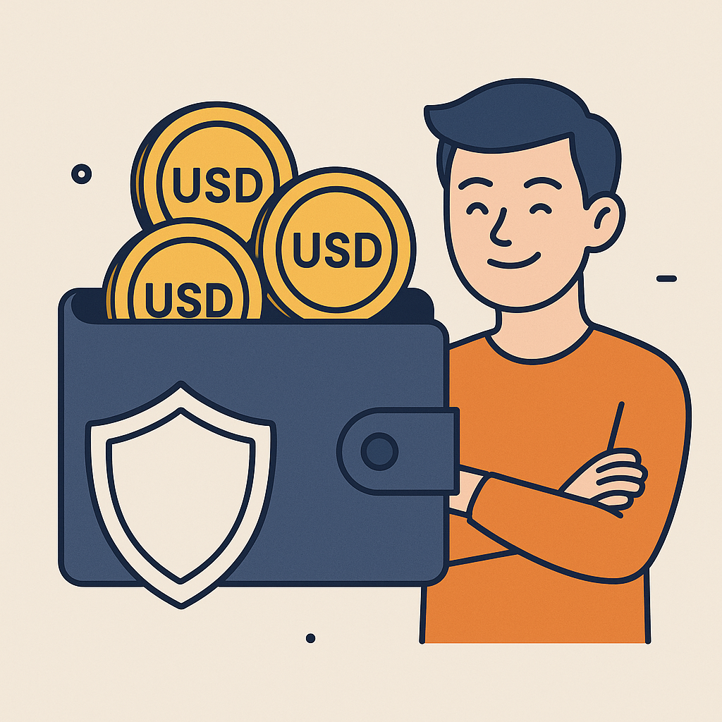 A digital wallet with a shield, UUSD coins inside, and a person smiling confidently.