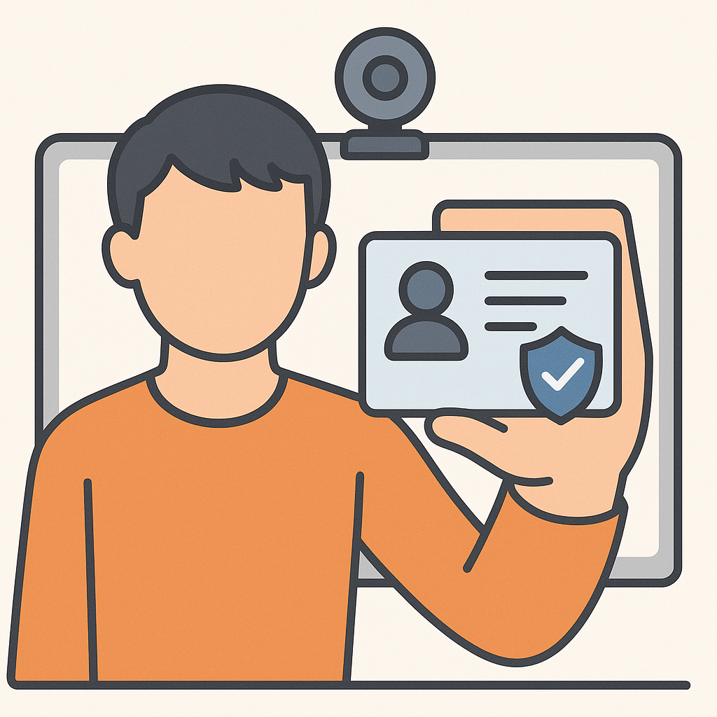 A person holding up an ID card in front of a webcam, with a shield symbol and checkmark indicating security.