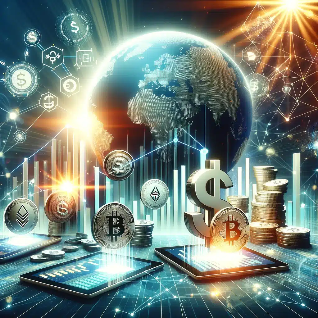 Illustration of stablecoins flowing out from a centralized crypto exchange to decentralized wallets and DeFi platforms, symbolizing the shift towards self-custody in 2025.