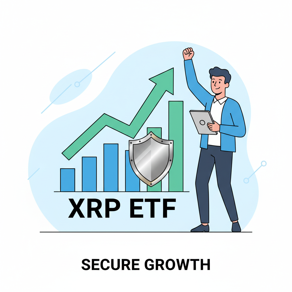 investor confidently holding rising XRP ETF portfolio graph, shield icon for security, triumphant pose