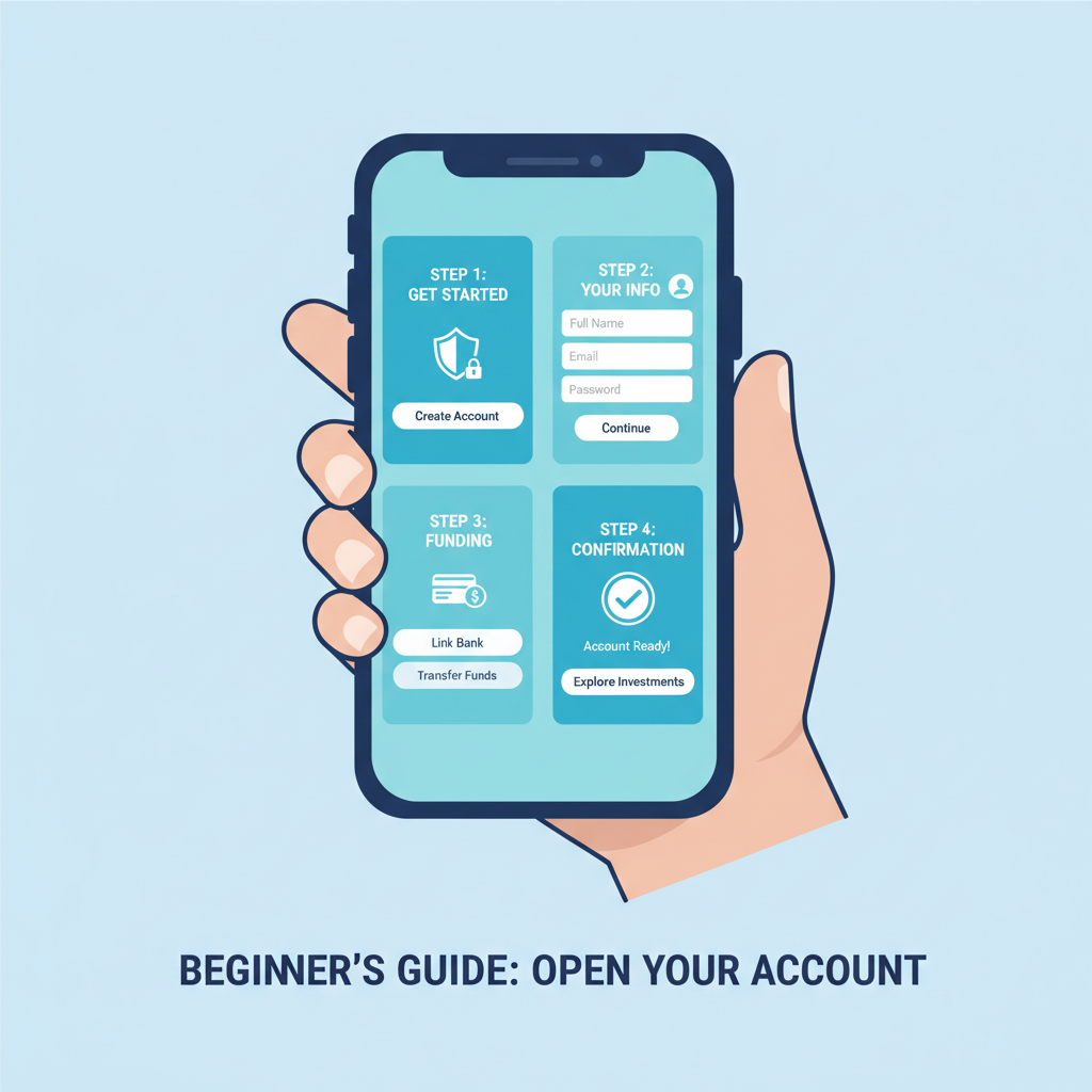 beginner opening brokerage account on smartphone app, clean interface, blue tones