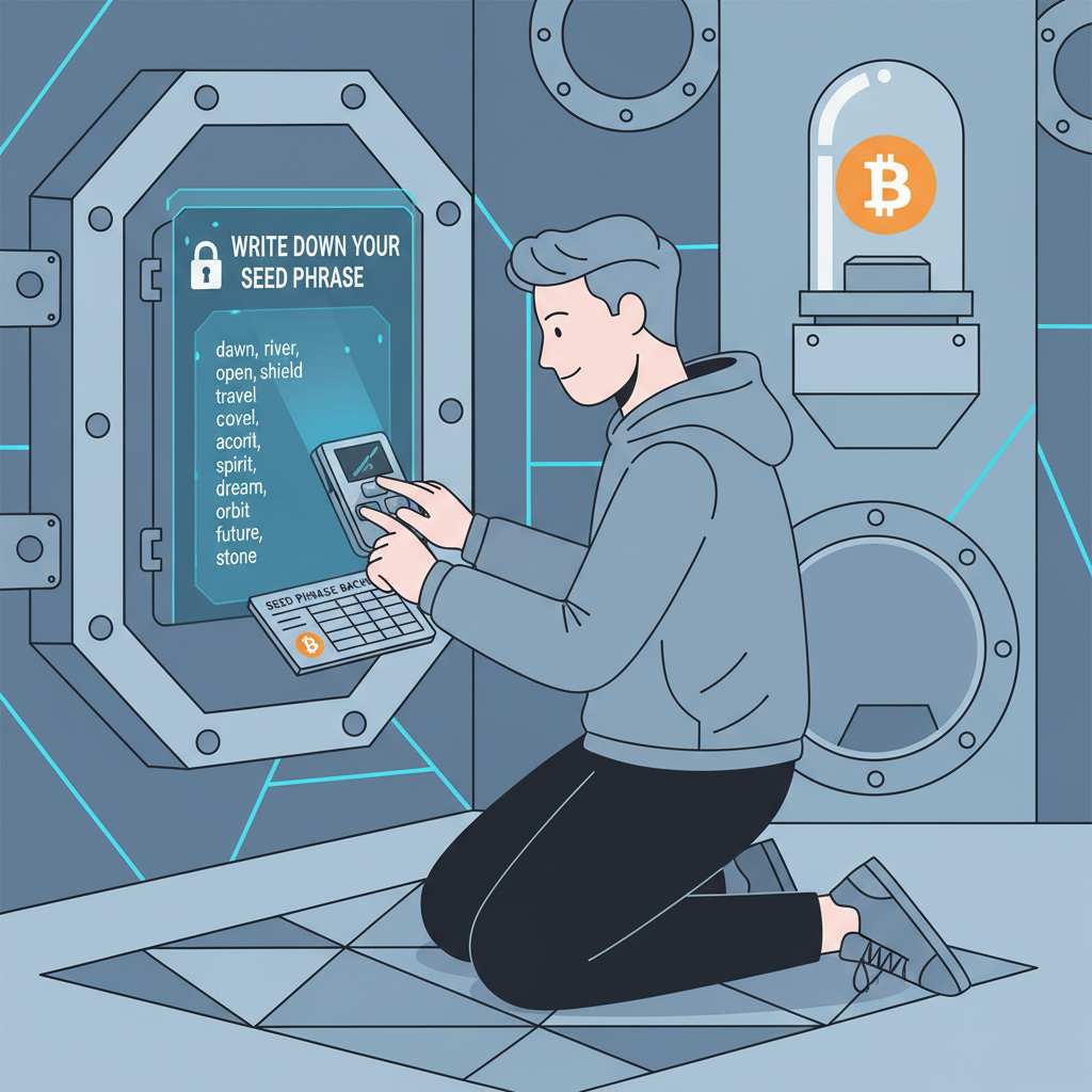 person setting up hardware Bitcoin wallet, seed phrase backup, secure vault aesthetic, modern tech style