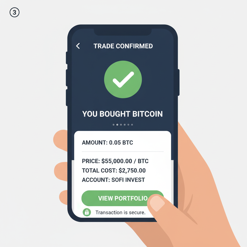 SoFi app trade confirmation screen with Bitcoin buy details, green checkmark, secure lock icon