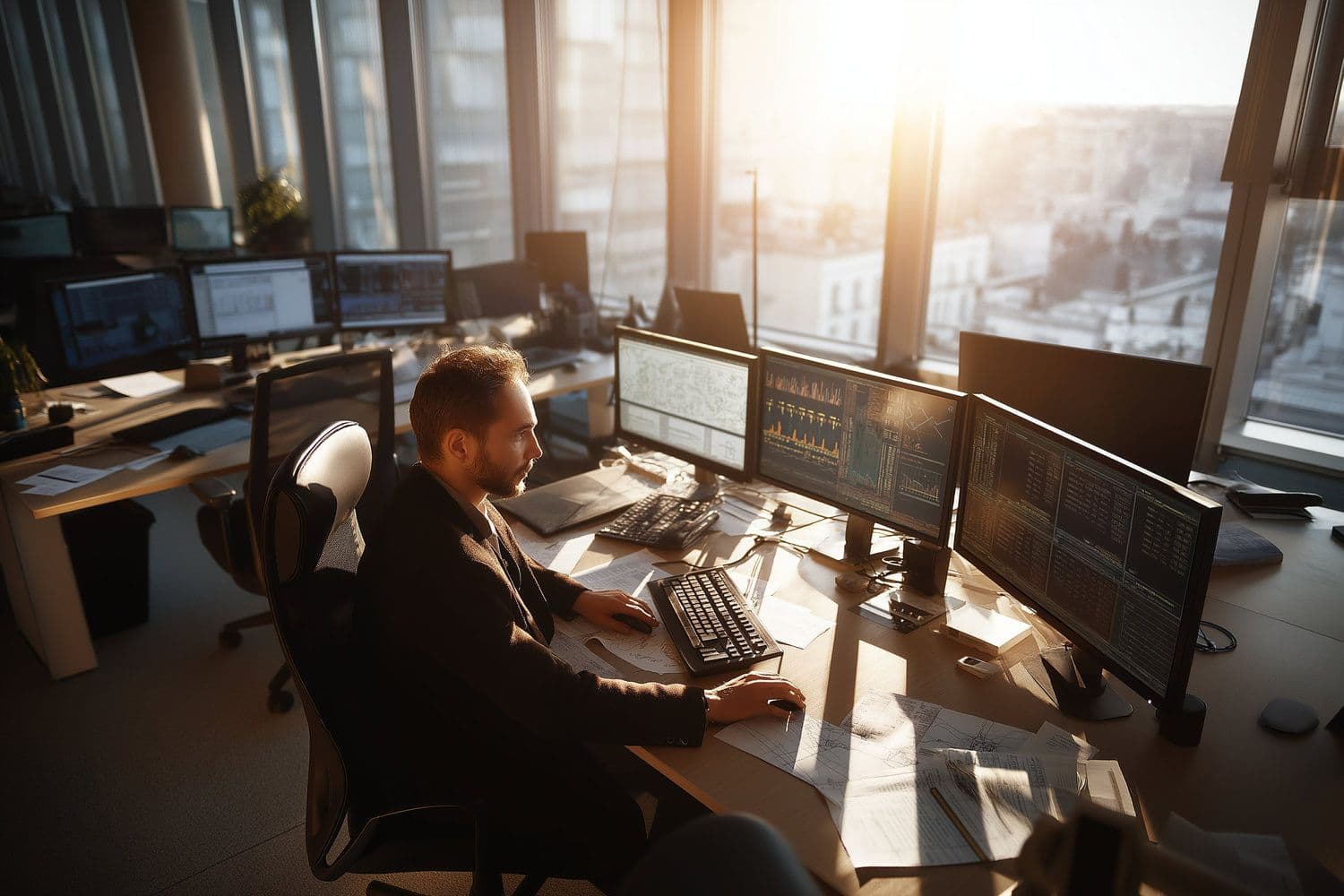Institutional traders at a financial trading desk analyzing Bitcoin ETF flows on multiple monitors in a modern office setting