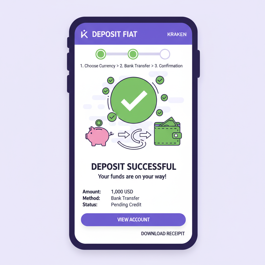 mobile app screen showing fiat deposit on Kraken, bank transfer confirmation, green checkmarks, money flowing in