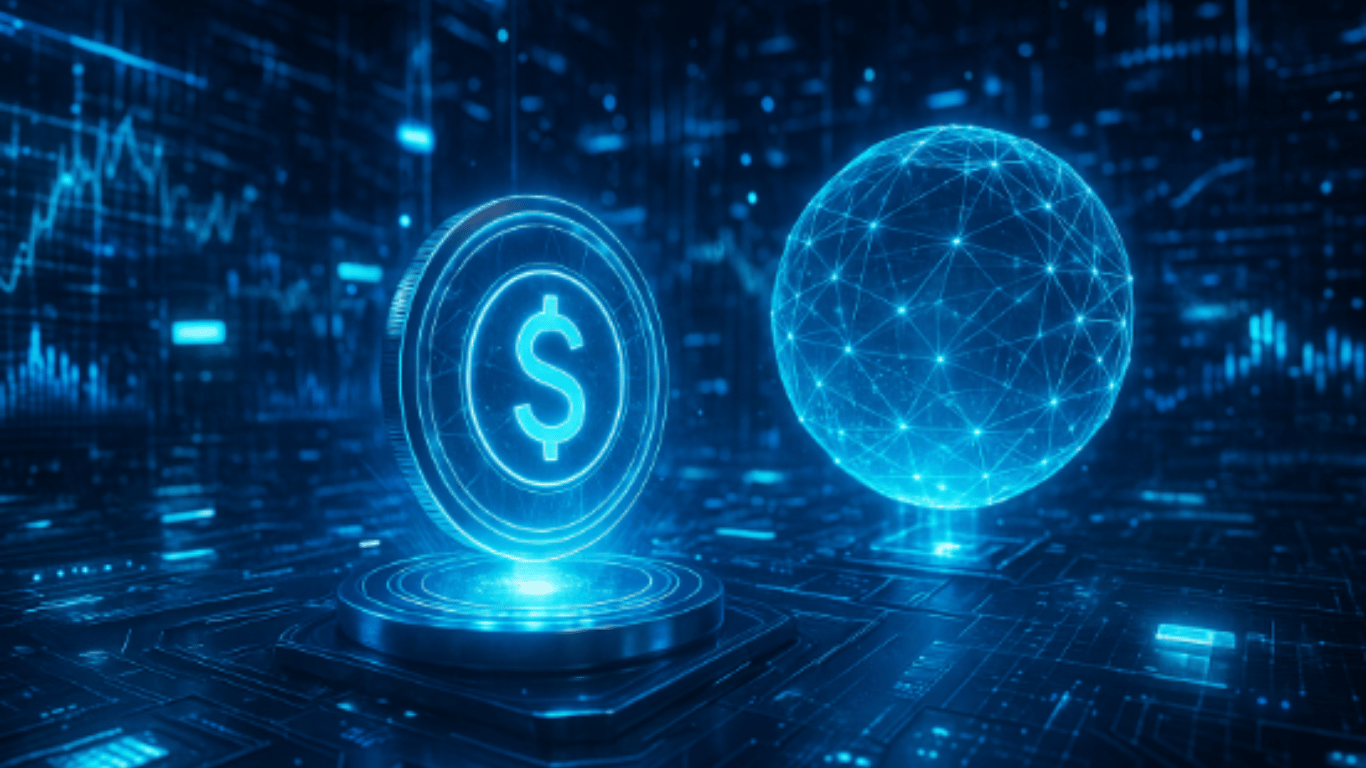 JPMorgan Chase headquarters close-up with digital currency icons overlay, representing the bank's adoption of stablecoins in 2025