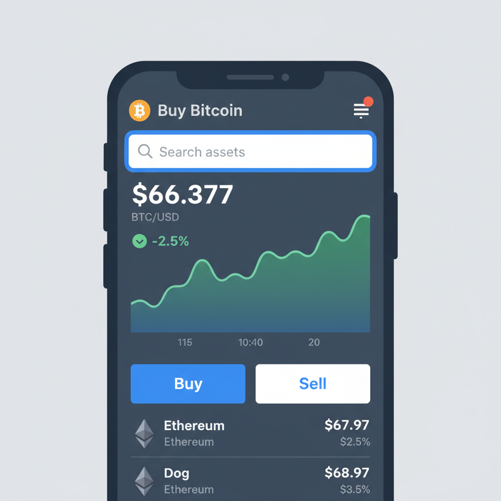 Coinbase BTC buy screen showing $66,377 price chart, search bar highlighted