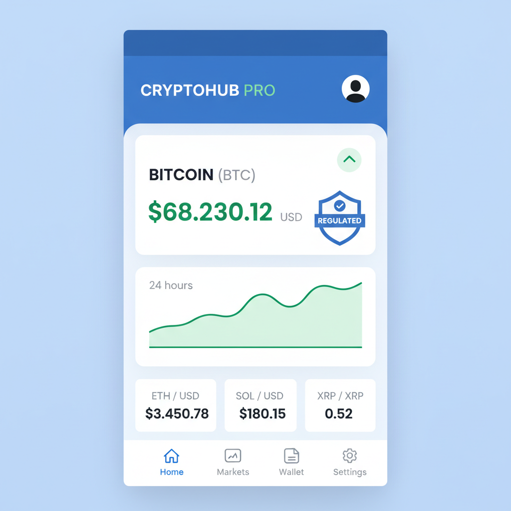 professional crypto exchange app dashboard showing BTC at $68k regulated badge